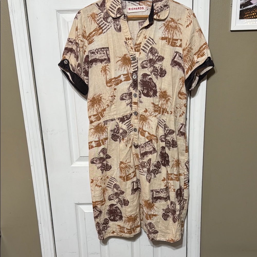 Richards Tropical Print 100% Linen Shirt Dress Size 10